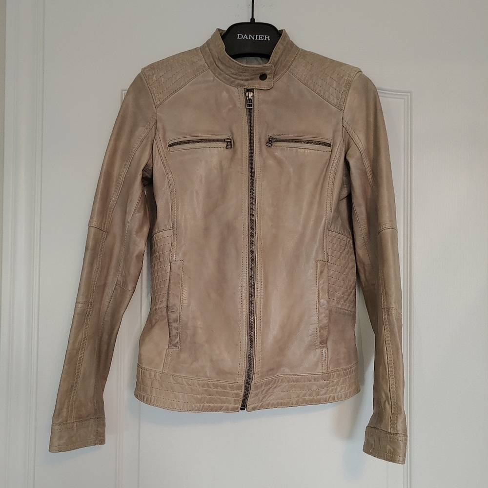 Danier Taupe Leather Motorcycle Jacket 3XS